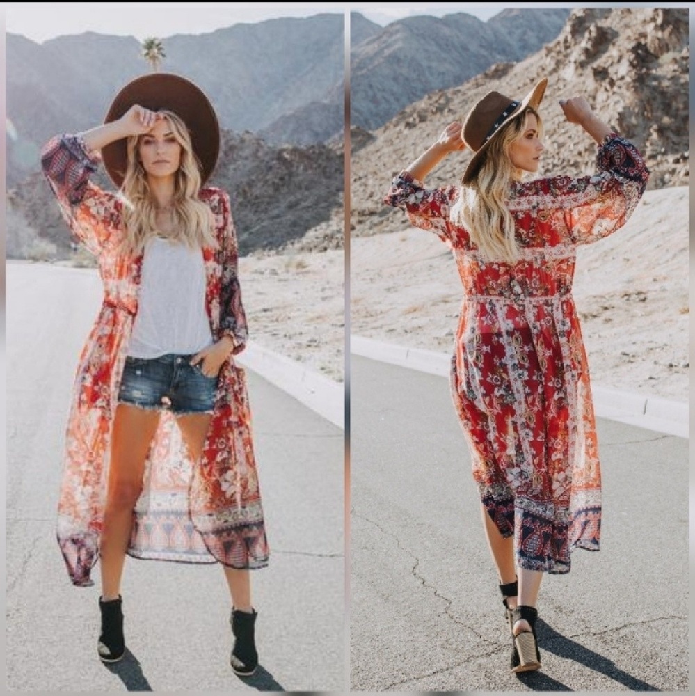 IDYL Duster Floral Berry Red Maxi Sheer NWT HPx3 - Picture 3 of 12